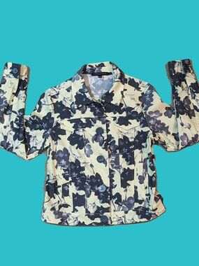 Robert Kitchen Light Yellow Gray Floral Jacket Size Small Preowned